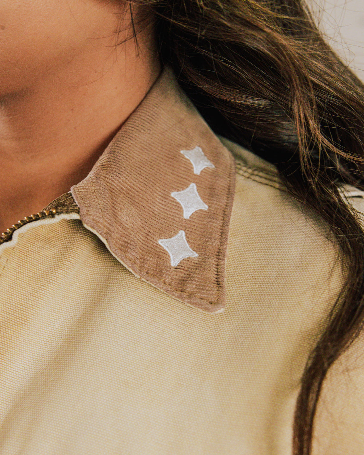 Close-up of a beige canvas jacket with a tan corduroy collar embroidered with three white four-point stars.