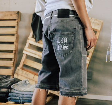 COMMONS HAND STITCHED DOUBLE KNEE DENIM SHORT BLACK (R25)