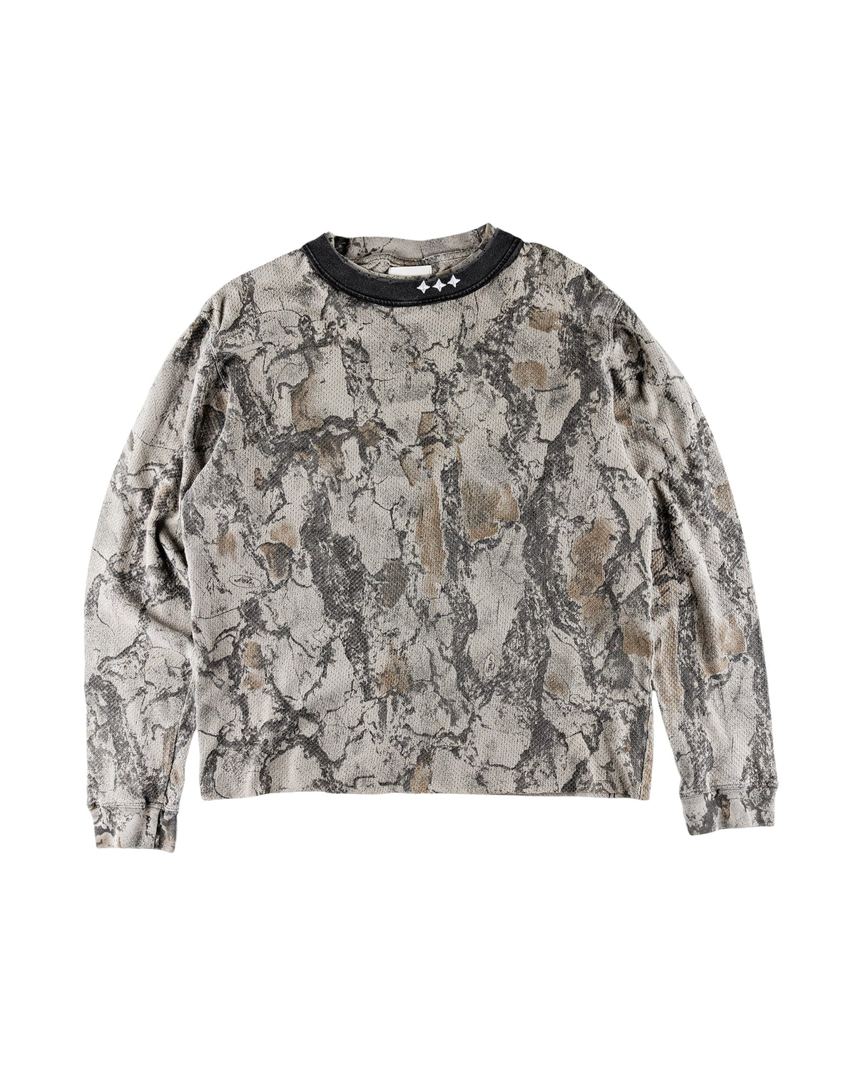 Gray and brown camouflage long-sleeve knit shirt with a black crew neck and three white stars on a white background.