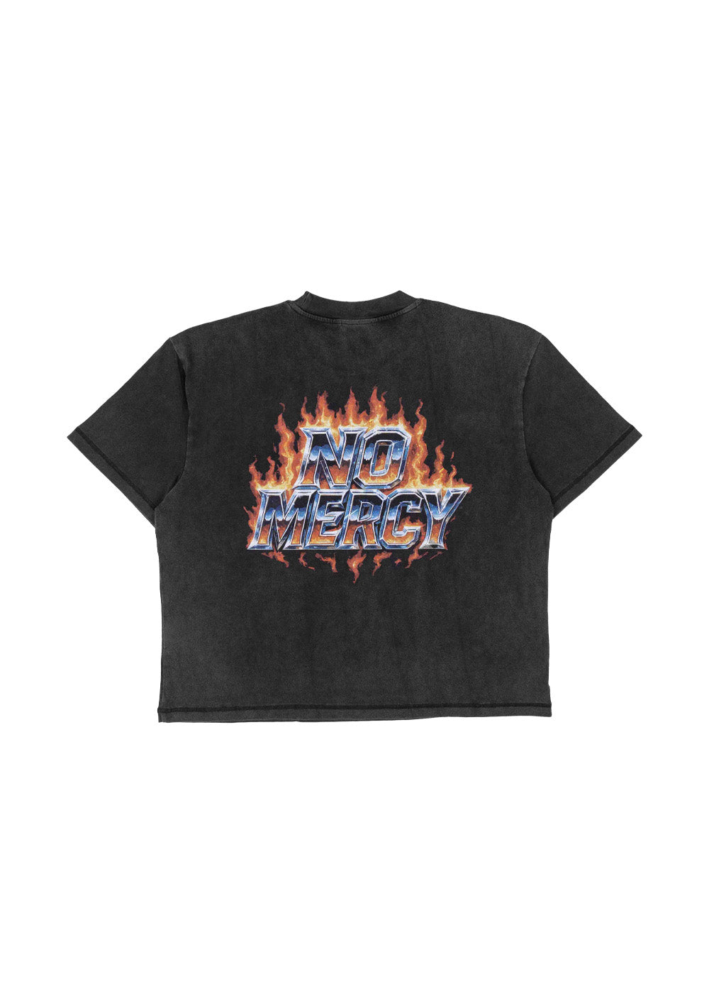 Washed black short-sleeve T-shirt with metallic-style NO MERCY lettering and orange flames on a white background.