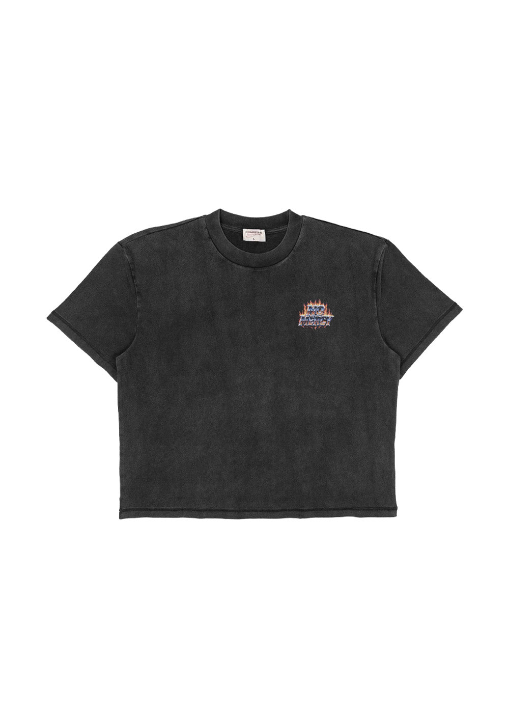 Washed black crewneck T-shirt with short sleeves and a small flaming No Mercy chest graphic on a white background.