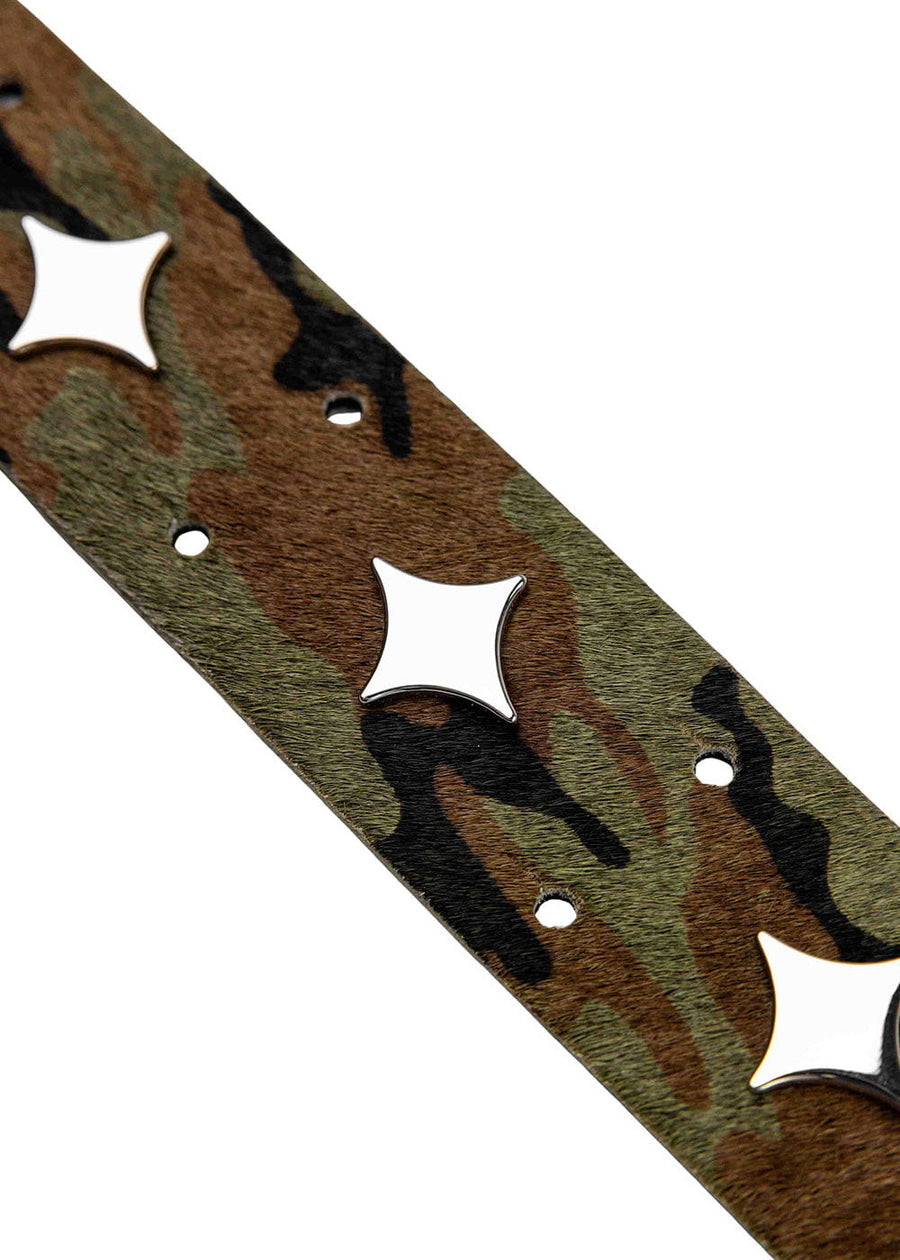 Brown, green and black camouflage belt with a hair-textured surface, silver-tone star studs and round holes.