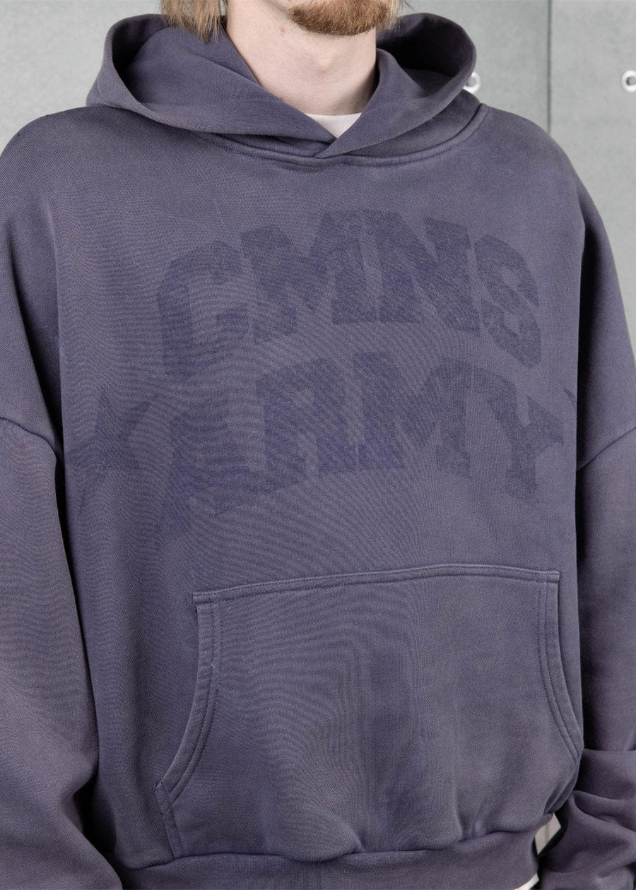 Person wearing a slate blue pullover hoodie with a tonal chest graphic, kangaroo pocket, and ribbed hem.