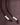 Close-up of brown knit fabric with two brown drawstrings, each tipped with three white pearl-like beads and a knot.