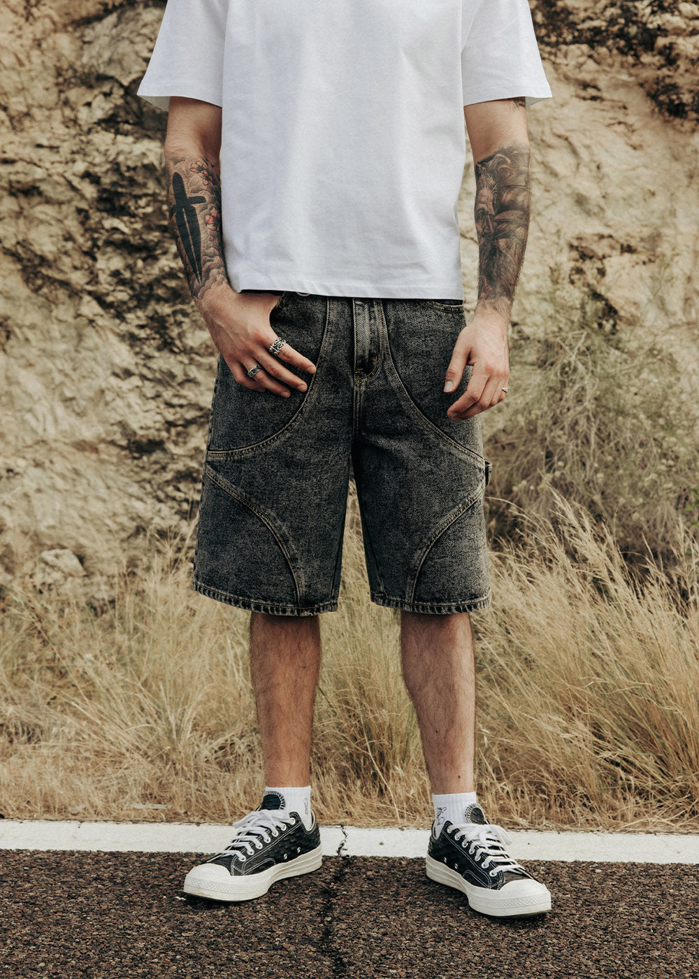 Commons Star Washed Denim Short Charcoal
