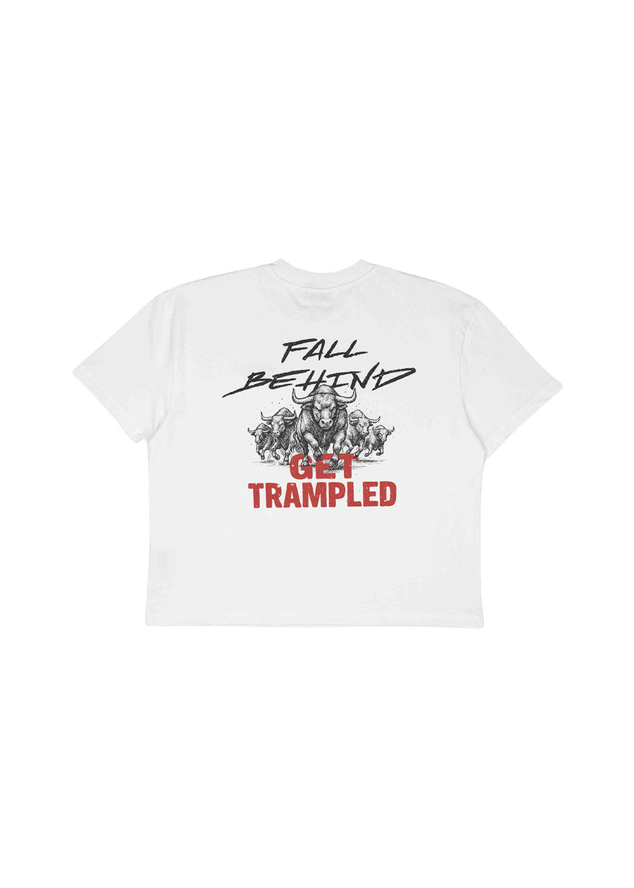 White short-sleeve T-shirt with charging bull graphics and black and red Fall Behind Get Trampled text on the back.