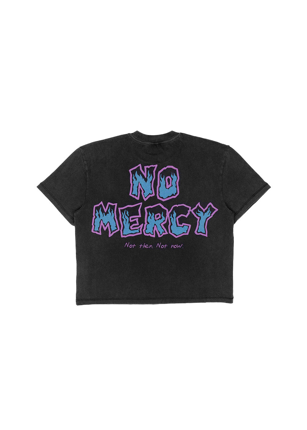 Washed black short-sleeve T-shirt with blue and purple NO MERCY flame lettering on the back, laid flat on white.