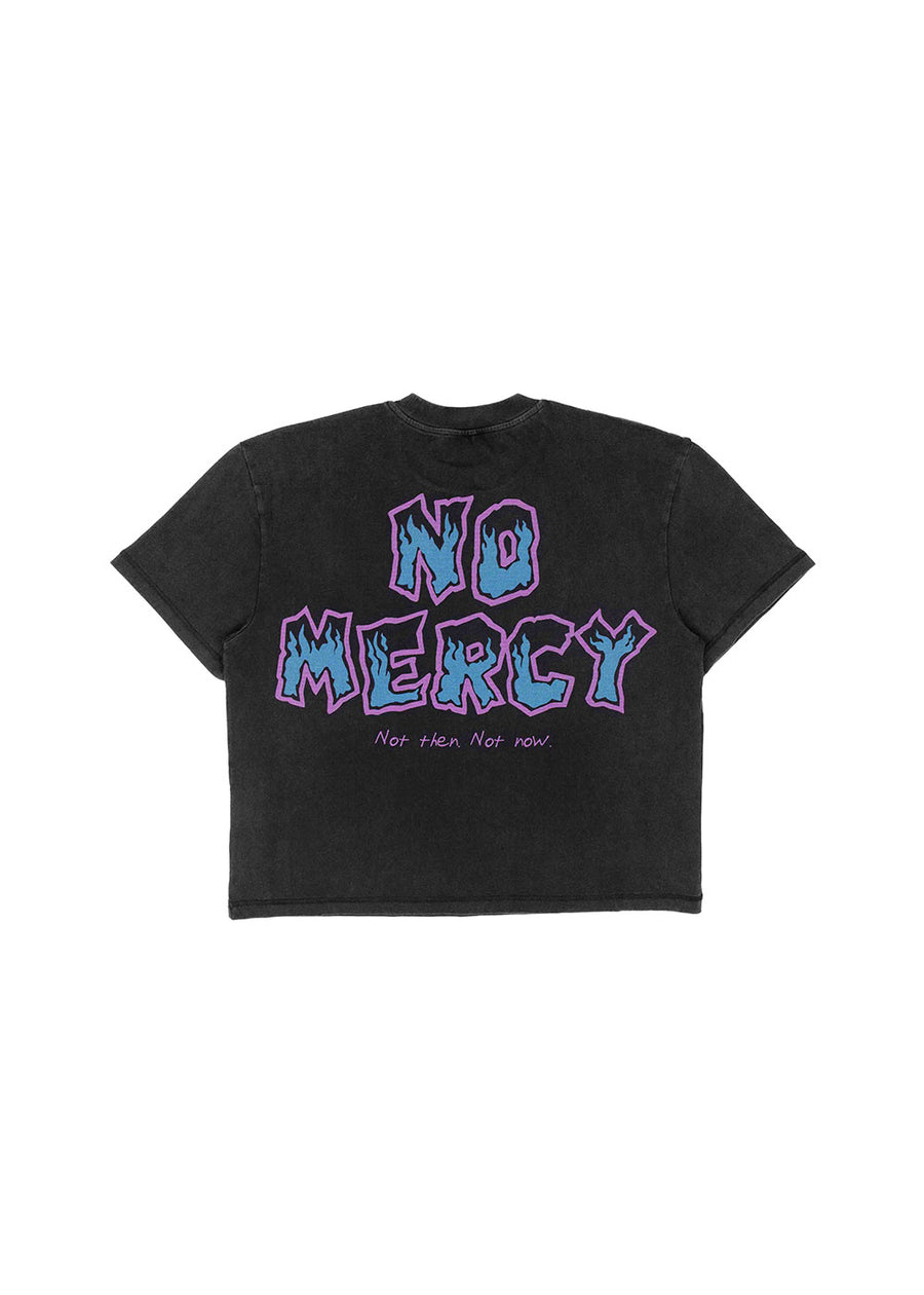 Washed black short-sleeve T-shirt with blue and purple NO MERCY flame lettering on the back, laid flat on white.