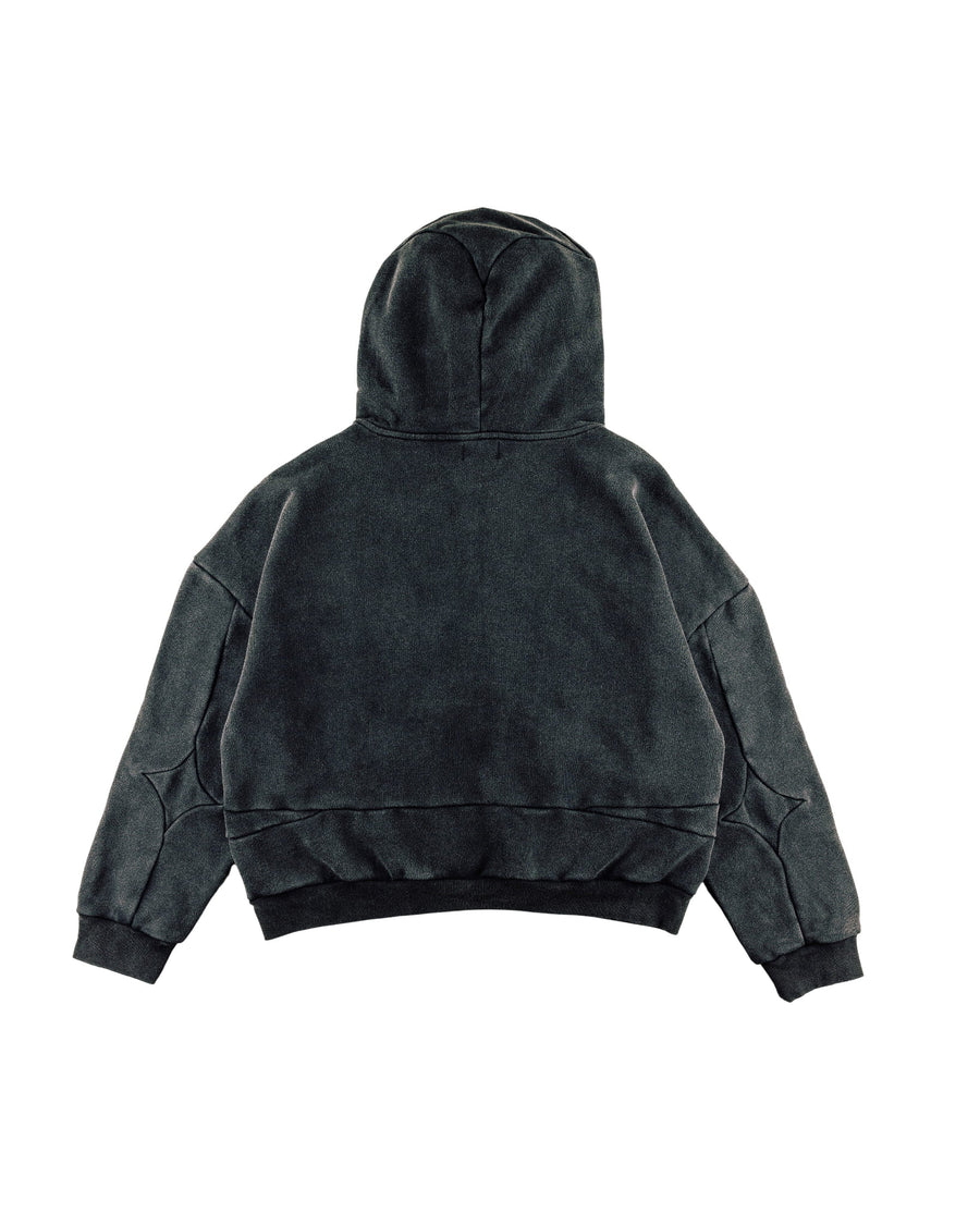 Back view of a washed charcoal hoodie with star-shaped sleeve seams and ribbed cuffs and hem on a white background.