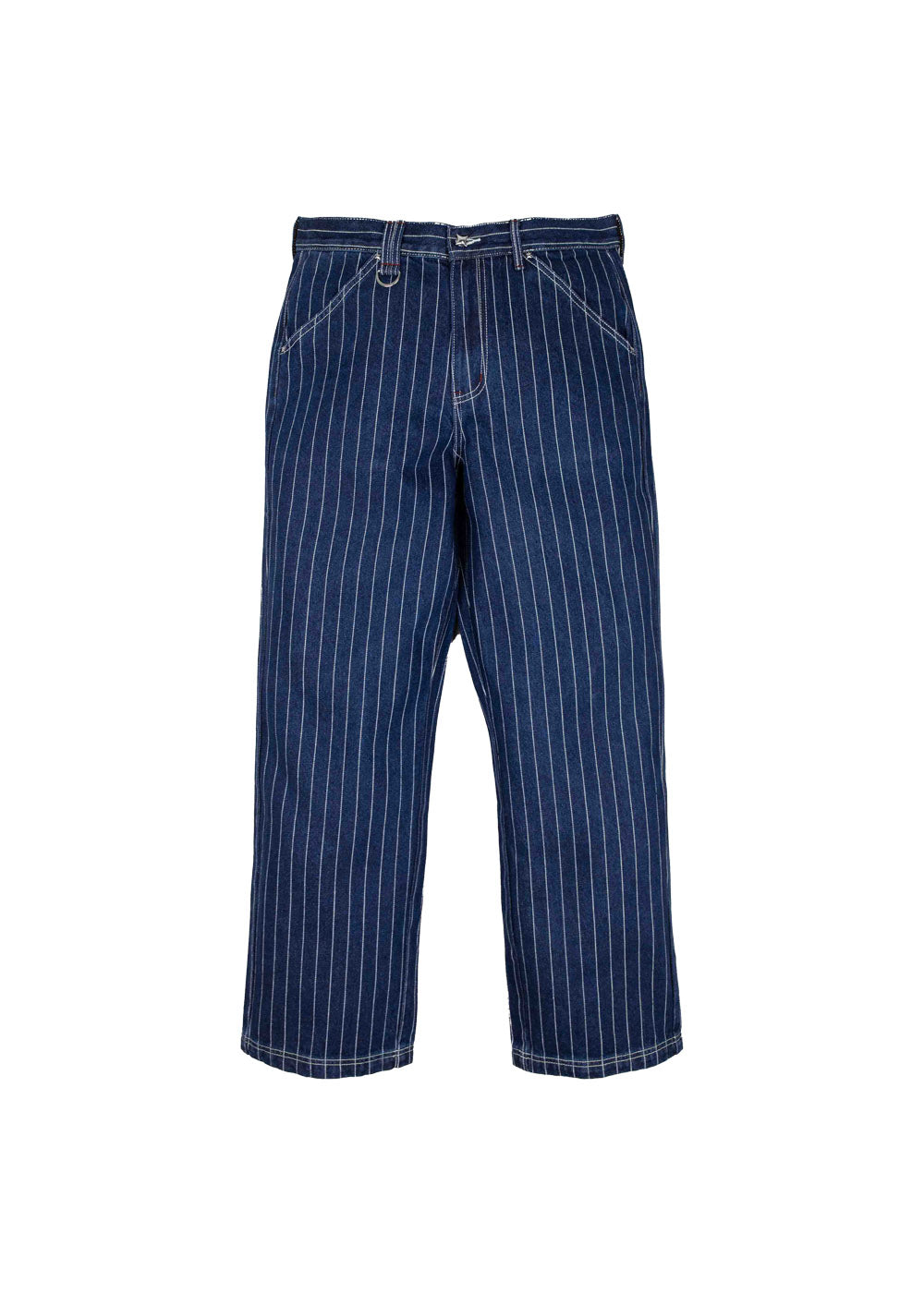Dark blue pinstriped denim pants with front pockets, belt loops, and a metal D-ring on a white background.