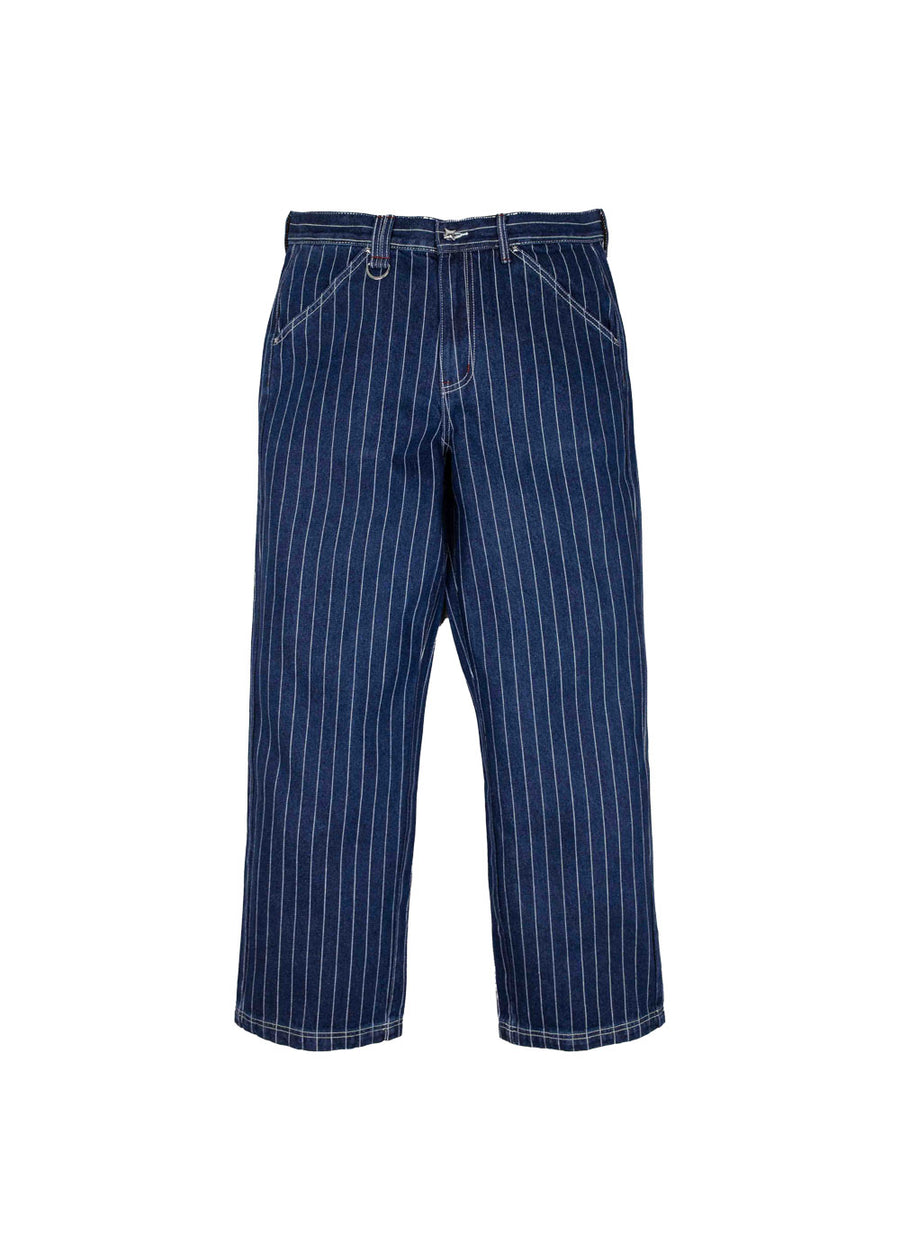 Dark blue pinstriped denim pants with front pockets, belt loops, and a metal D-ring on a white background.