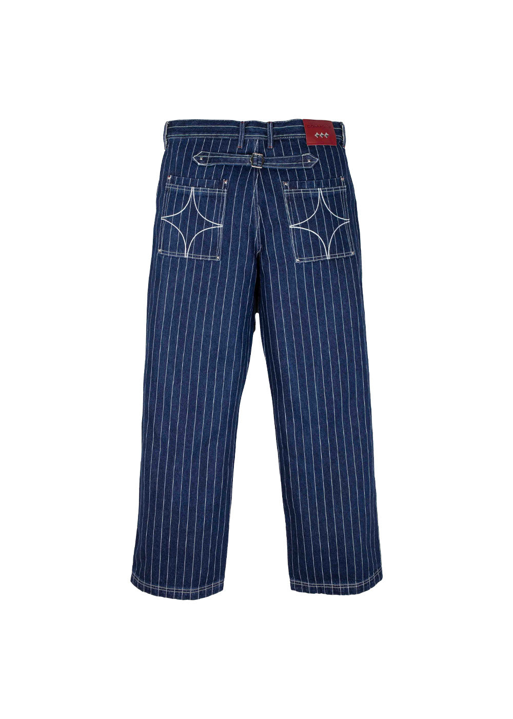 Back view of dark blue pinstriped denim pants with star-stitched pockets, a cinch strap, and a red waistband patch.