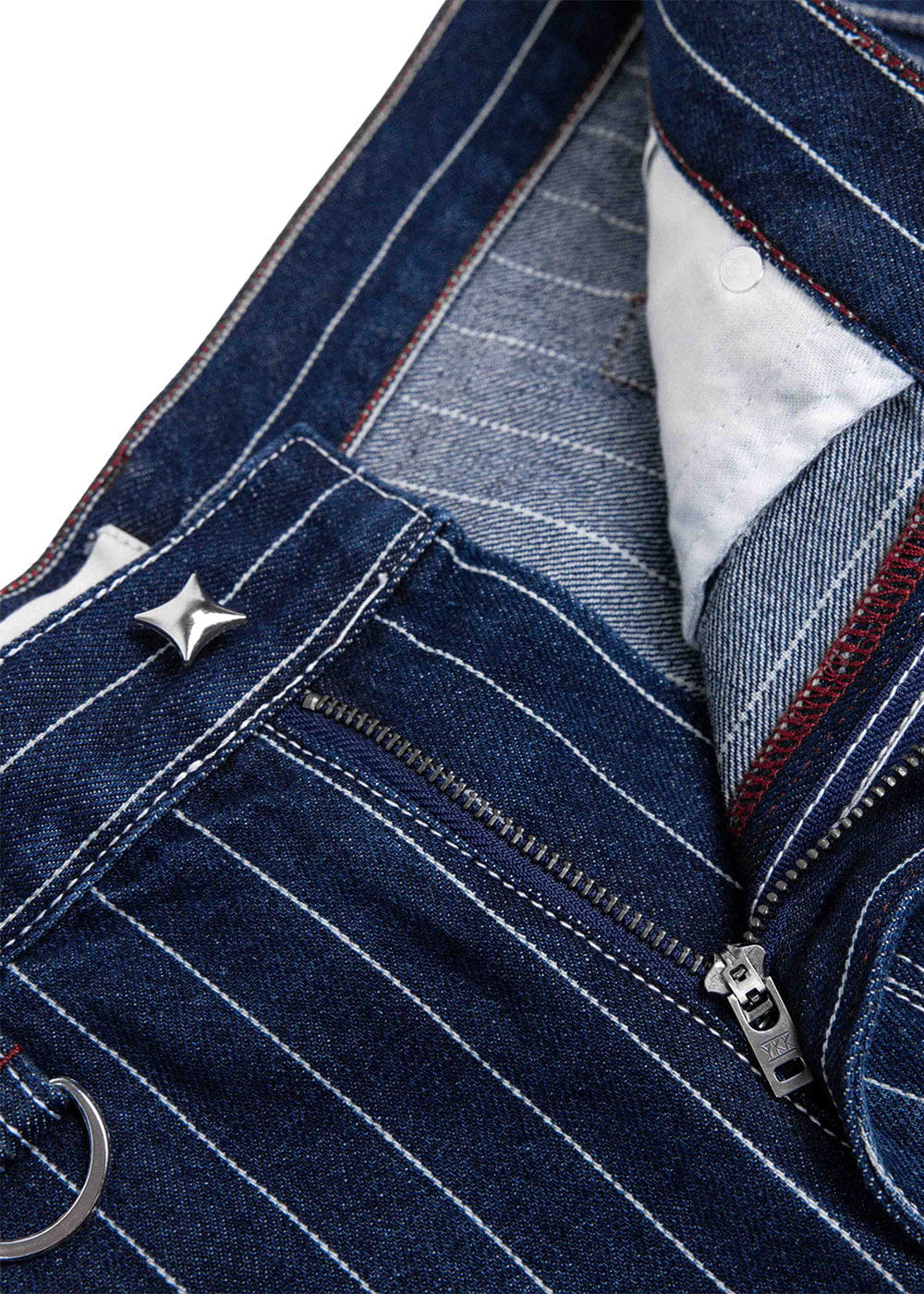 Close-up of dark blue pinstriped denim pants with an open zipper fly, silver star button, and metal ring.