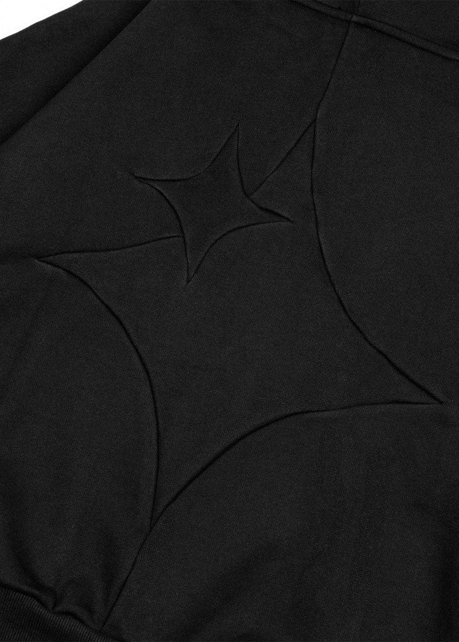 Close-up of a black knit sweatshirt with tonal four-point star appliqués and ribbed trim.