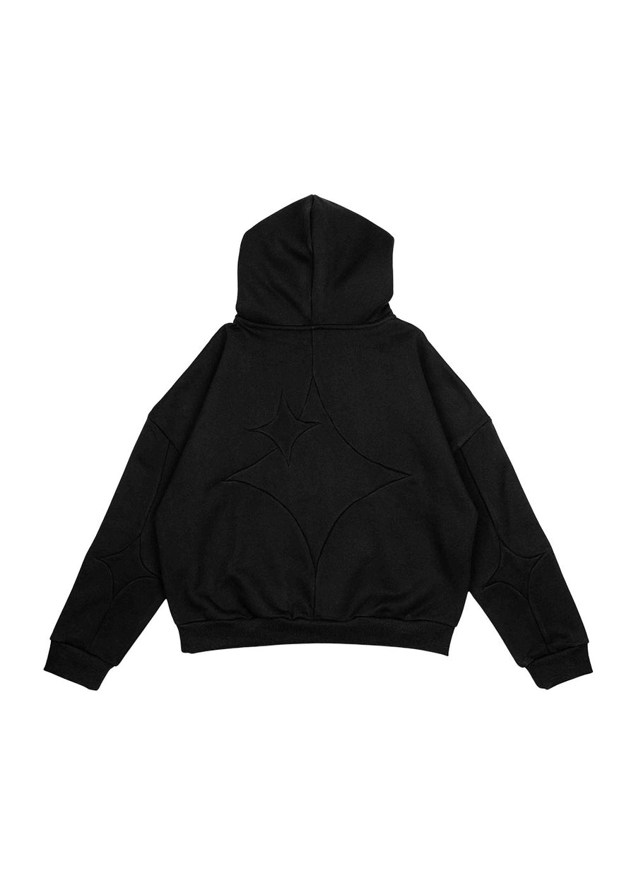 Back view of a black hoodie with tonal four-point star stitching, ribbed cuffs and hem on a white background.