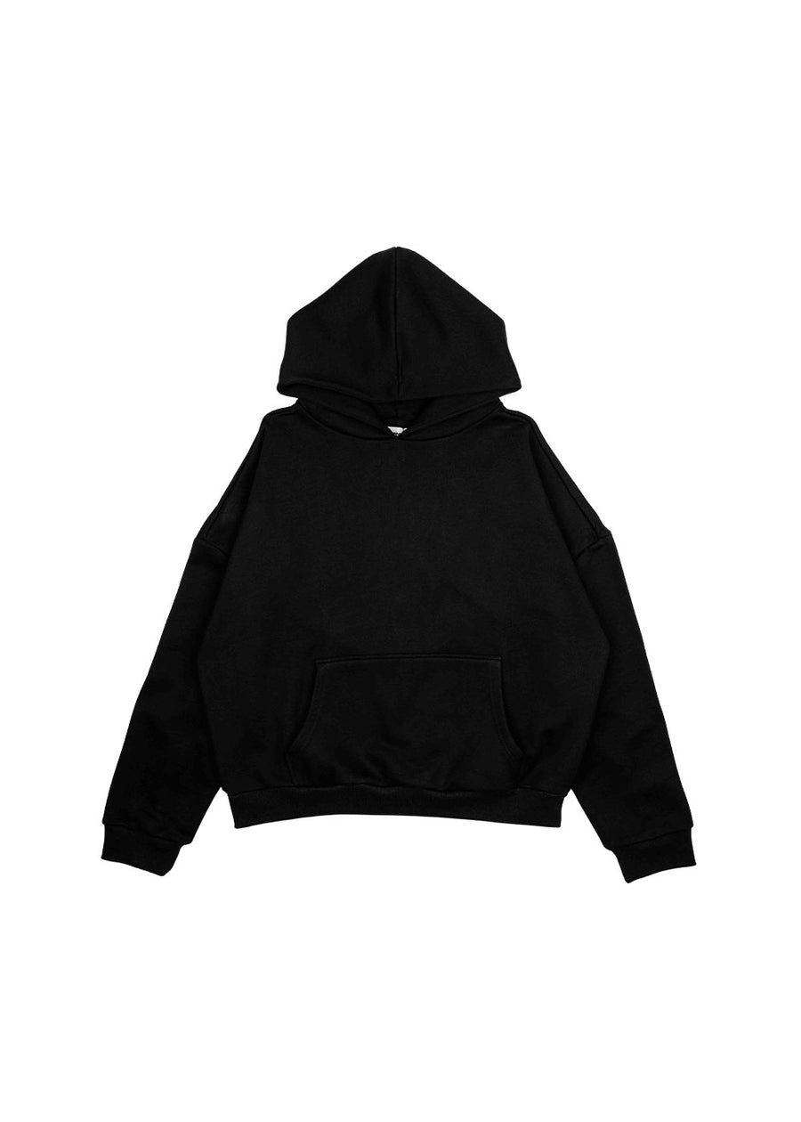 Black pullover hoodie with long sleeves, a kangaroo pocket, and ribbed cuffs and hem, laid flat on white.