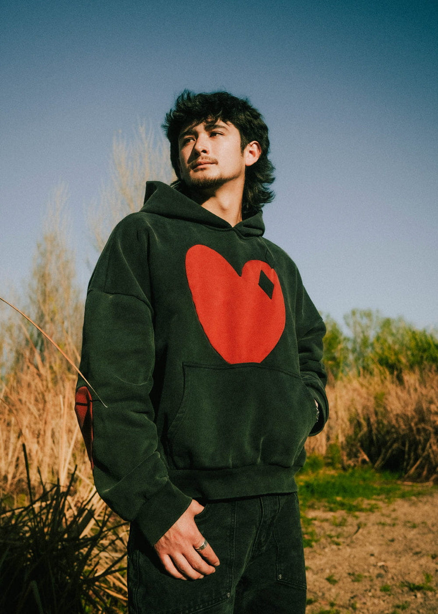Person wearing a dark green hoodie with a large red heart graphic and kangaroo pocket outdoors among tall dry grasses.