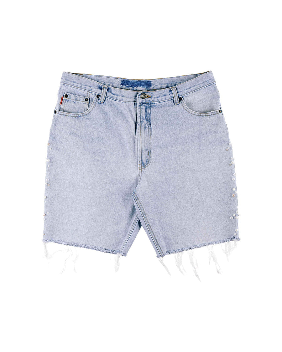Light blue denim shorts with frayed hems, front pockets, belt loops, and pearl-like beads along the sides on white.