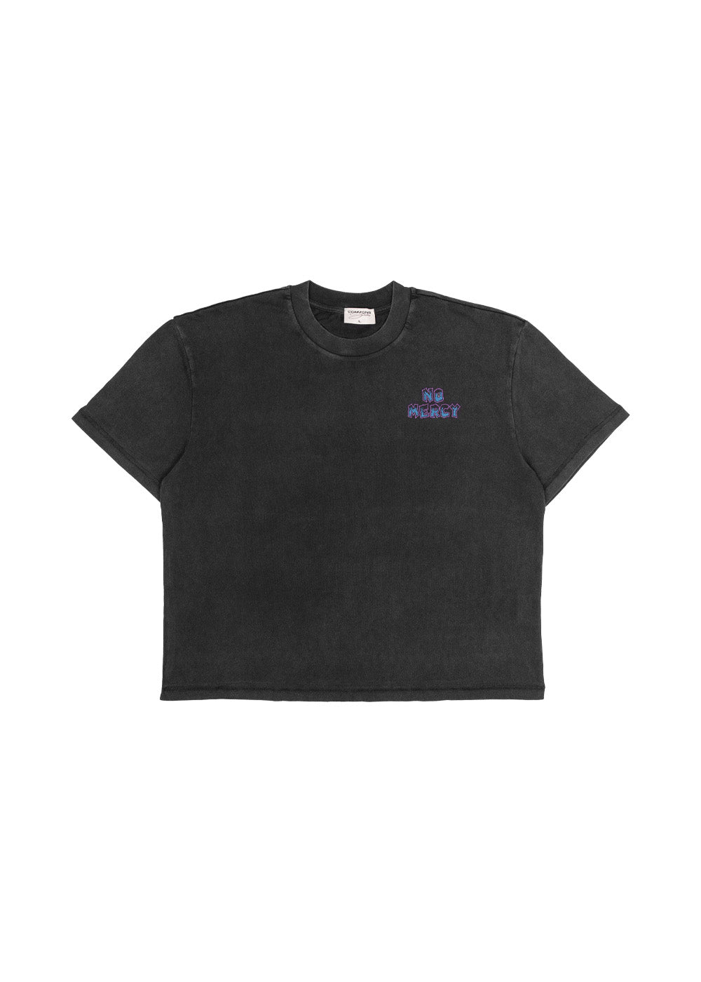 Black crewneck T-shirt with short sleeves and small blue and purple NO MERCY lettering on the chest, laid flat on white.