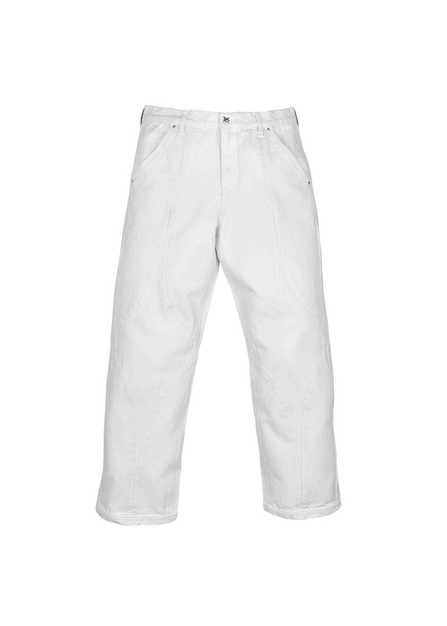 White canvas pants with curved panel seams, slanted front pockets, belt loops, and a metal button on a white background.